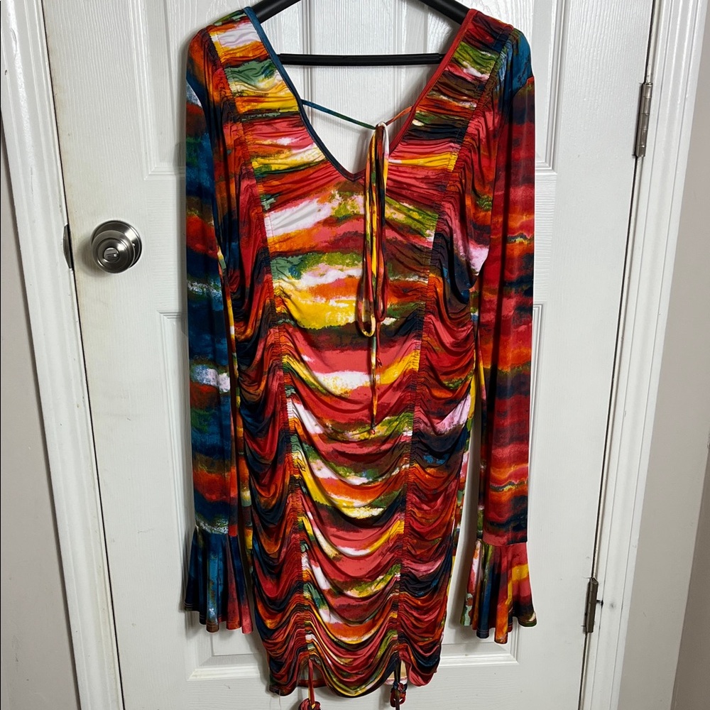 Fashion Nova Ruched Bodycon Dress 1X Multicolor Abstract Long Sleeve Stretchy